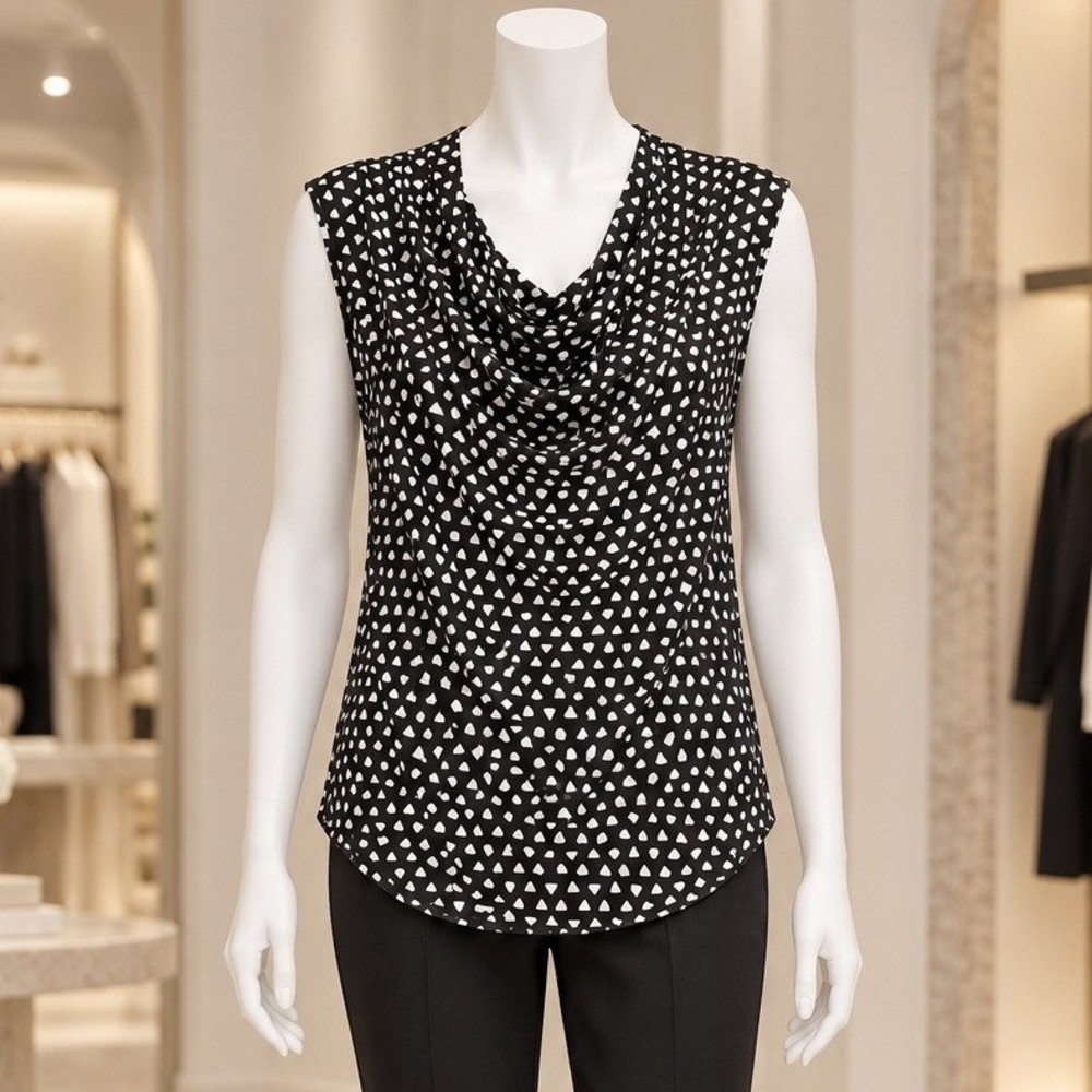 Worthington Womens Blouse Black White Geometric Mesh Cowl Neck Small